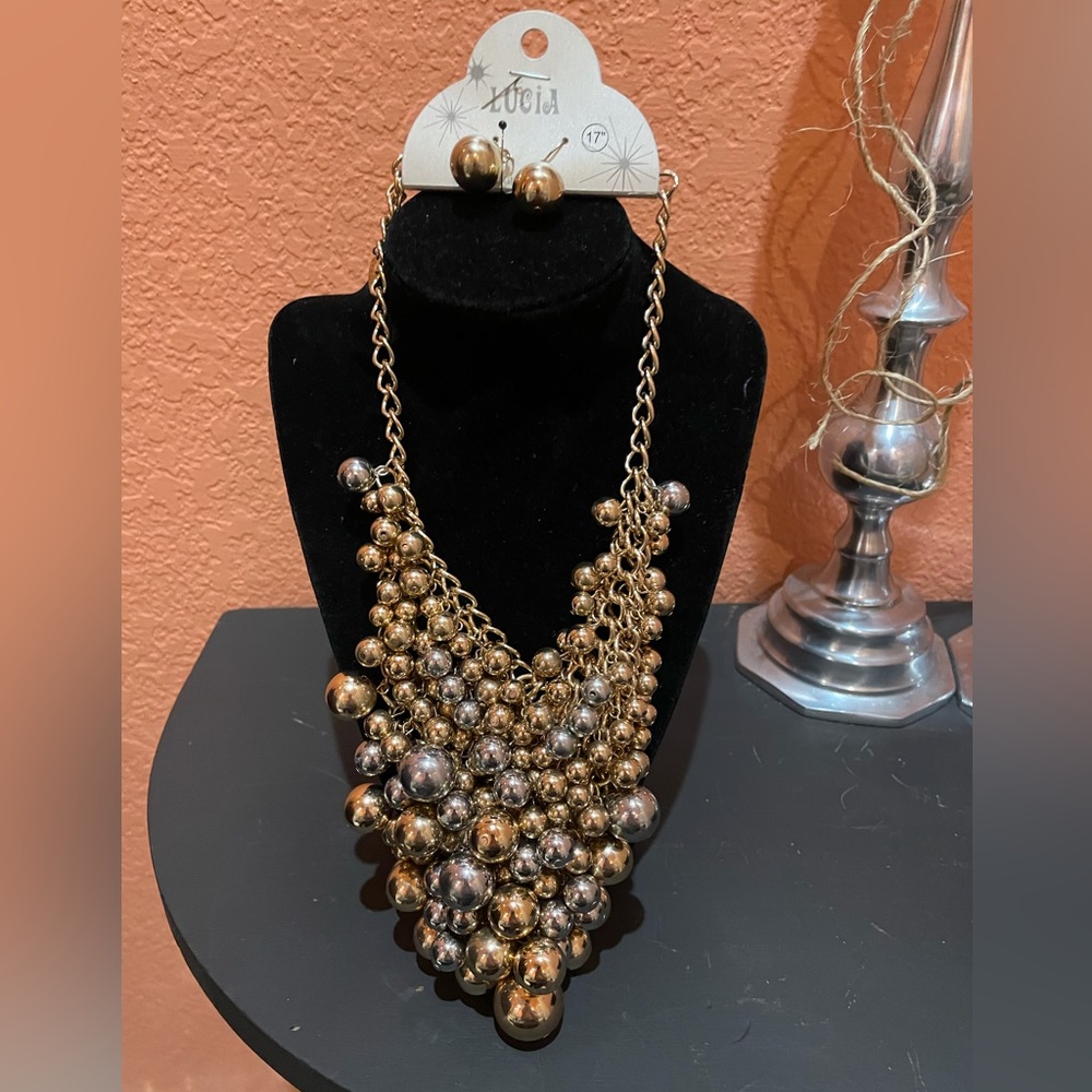 New Gold and Silver metal necklace with matching earrings